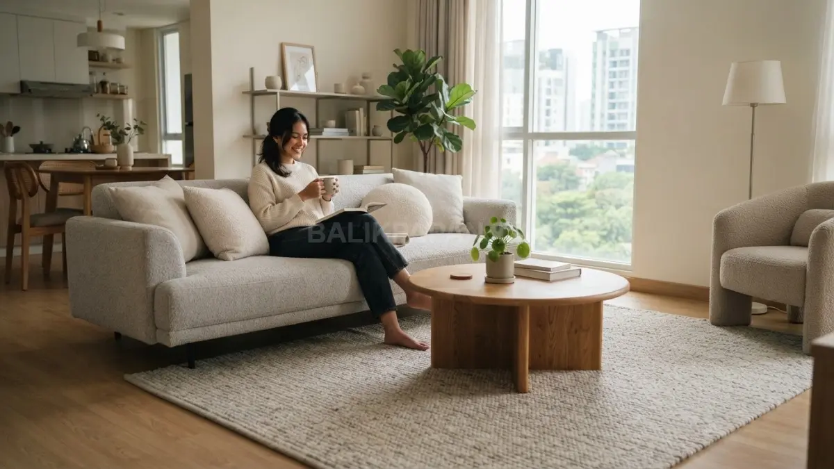 Karpet bertekstur lembut menghadirkan kenyamanan visual, mempertegas area ruangan, serta menyelaraskan interior minimalis secara elegan. (BTV/AI)
