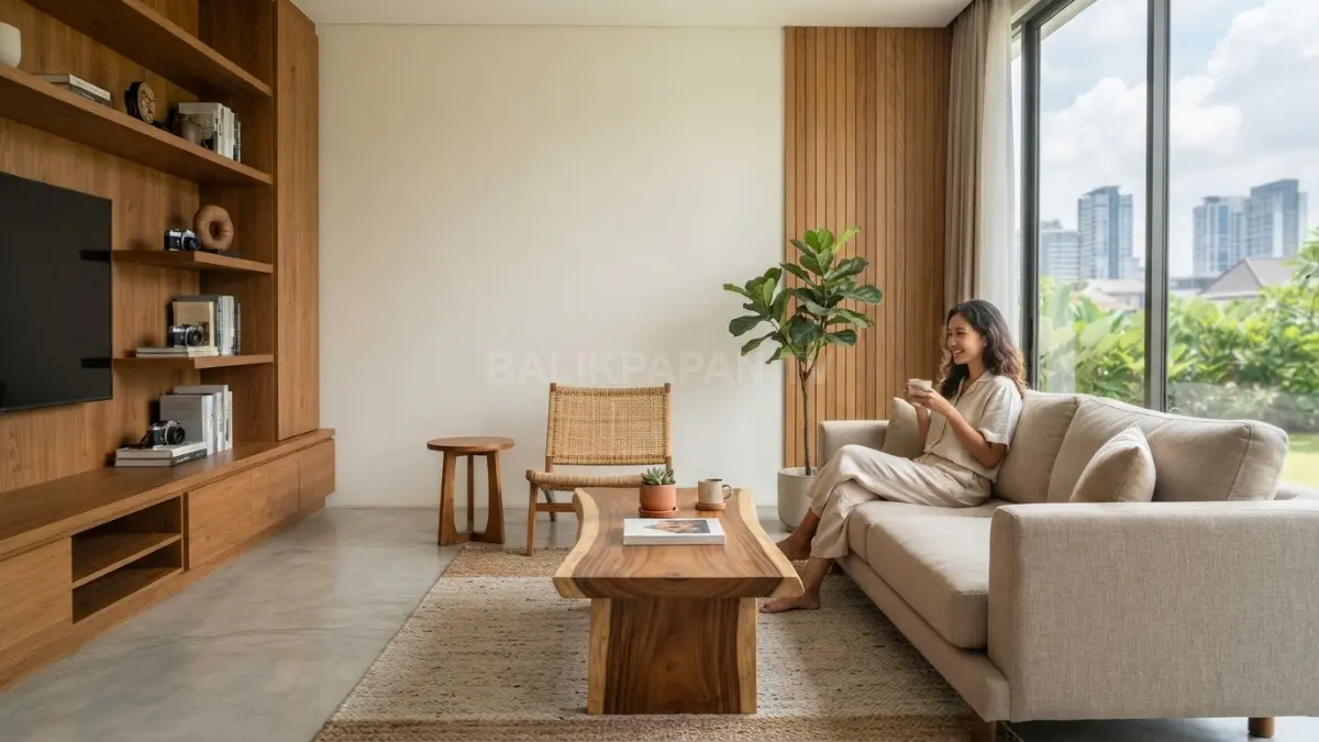 Kayu menghadirkan nuansa natural yang menghangatkan ruangan sekaligus menyeimbangkan material modern dengan elegan sederhana harmonis. (BTV/AI)
