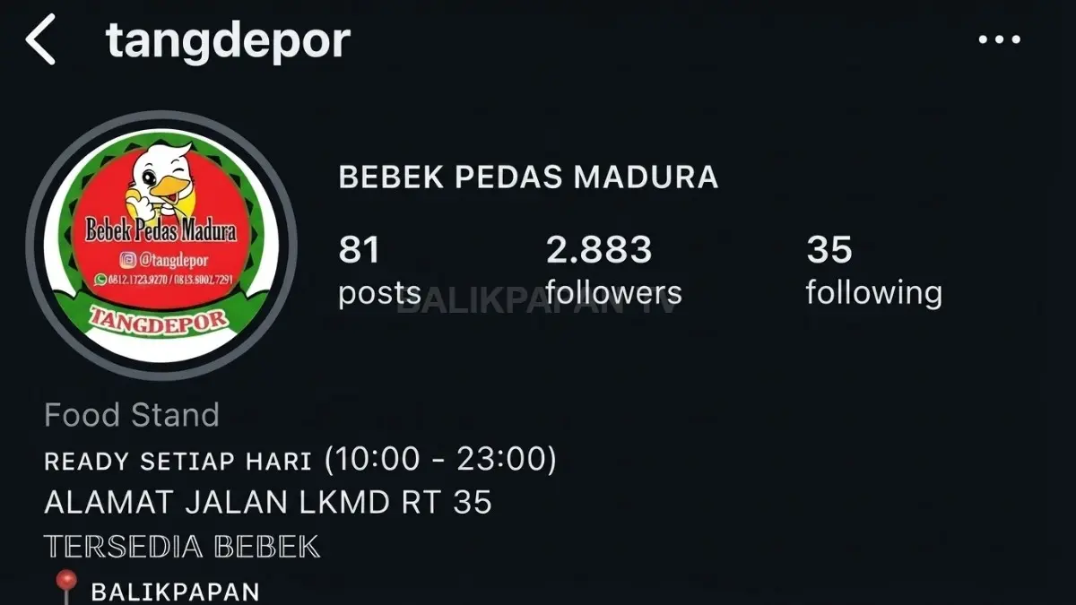Laman akun Instagram Warung Bebek Pedas Madura TangDepor menampilkan menu andalan serta informasi pemesanan pelanggan. (BTV/AI)