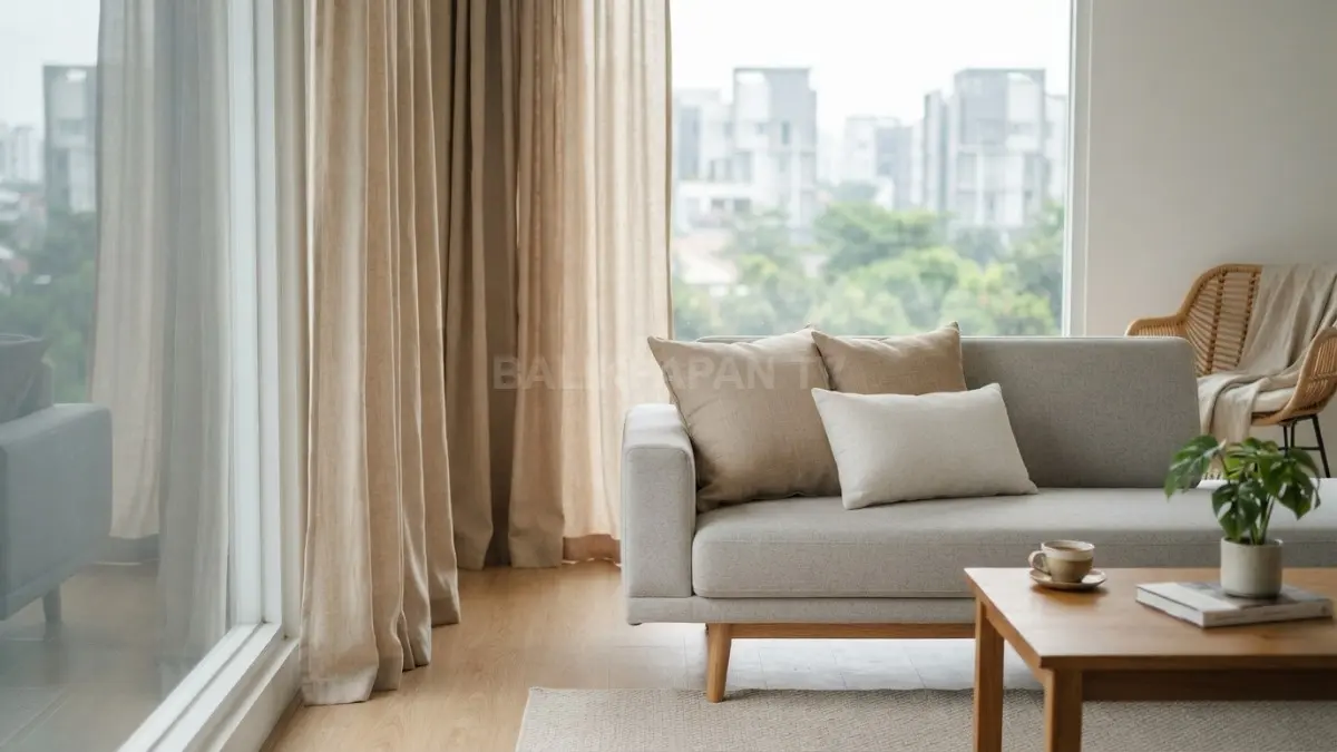 Linen bernuansa natural mempercantik tirai dan cushion minimalis berwarna hangat menciptakan suasana nyaman elegan. (BTV/AI)
