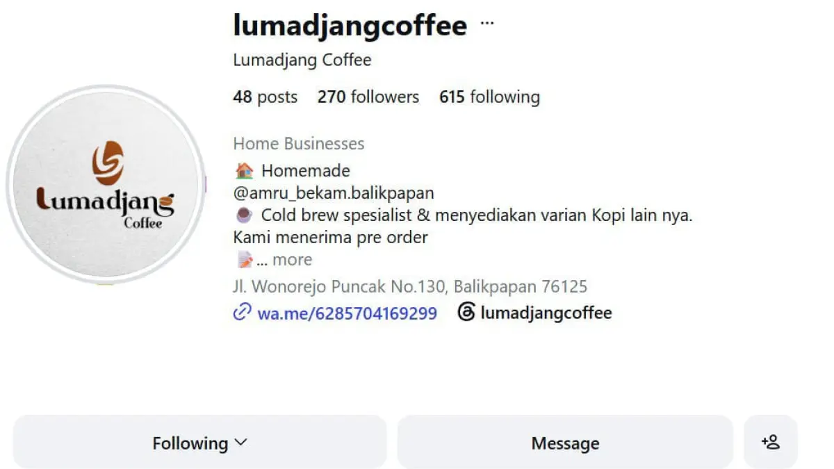Profil laman akun Instagram menampilkan identitas usaha varian kopi dengan tampilan informatif menarik (BTV/AI)