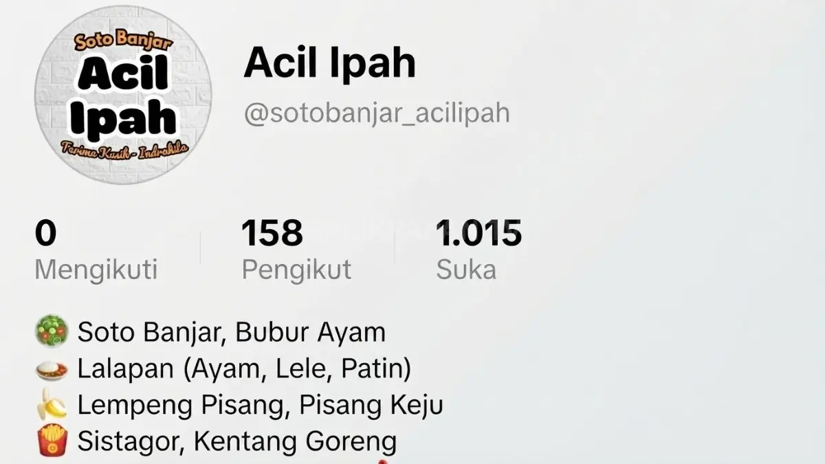 Profil laman akun TikTok @sotobanjar_acilipah menampilkan identitas usaha kuliner Soto Banjar dengan tampilan informatif menarik (BTV/AI)