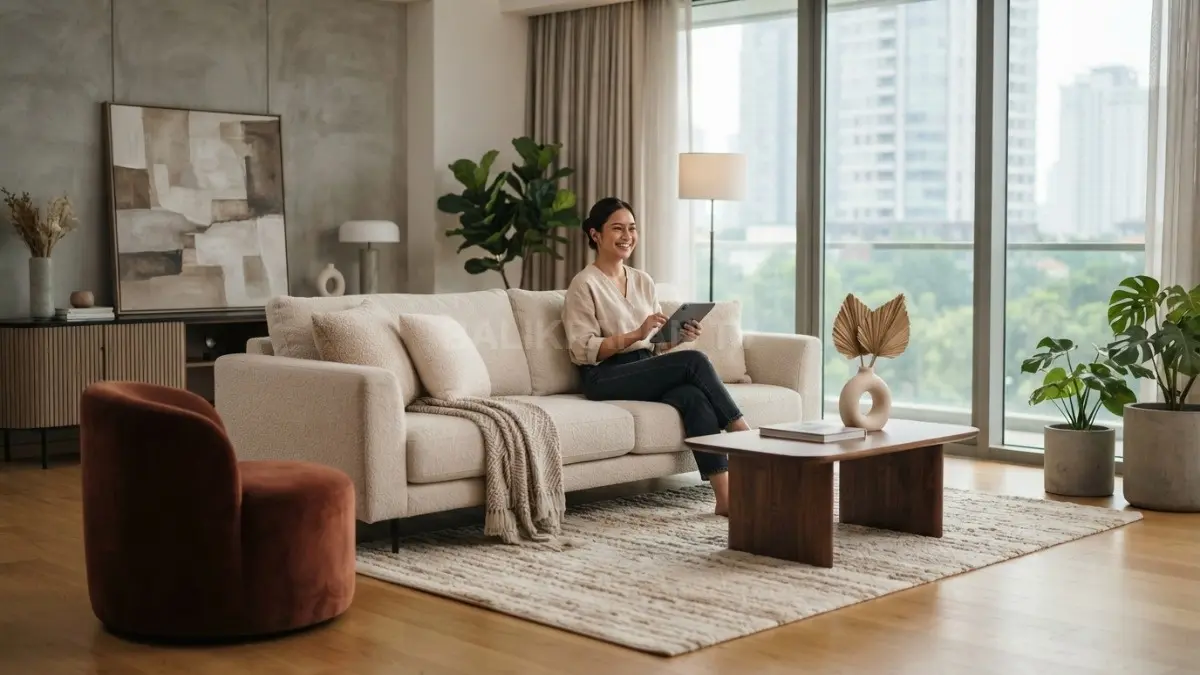 Upholstery bertekstur lembut menghadirkan kenyamanan, menyeimbangkan furnitur geometris, sekaligus memperkaya karakter ruang secara elegan. (BTV/AI)
