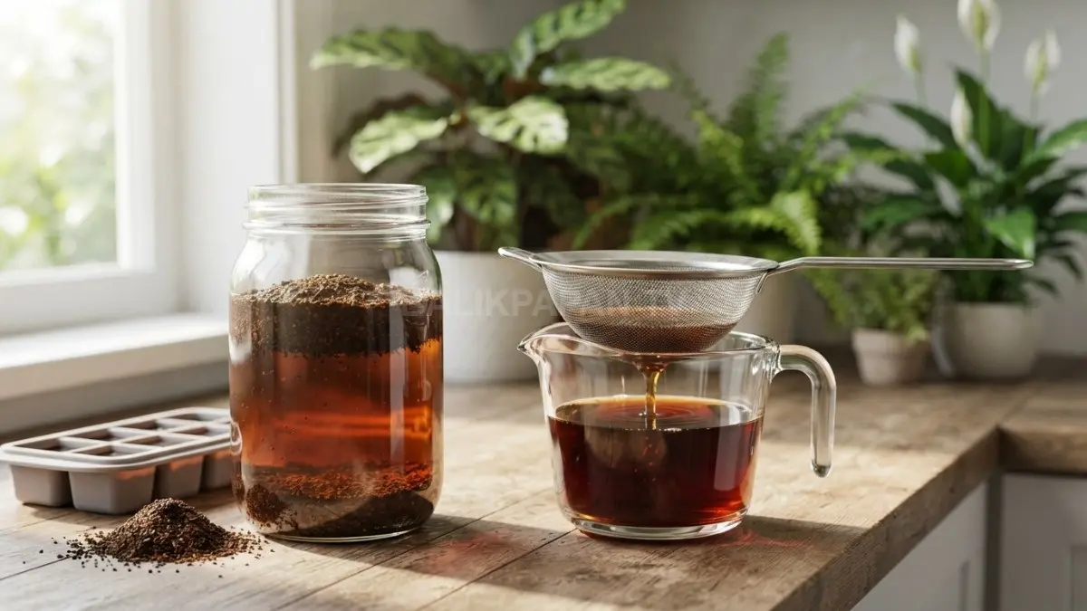 Air rendaman ampas kopi disaring lalu dibekukan untuk memanfaatkan nutrisinya bagi tanaman secara aman. (BTV/Ai)