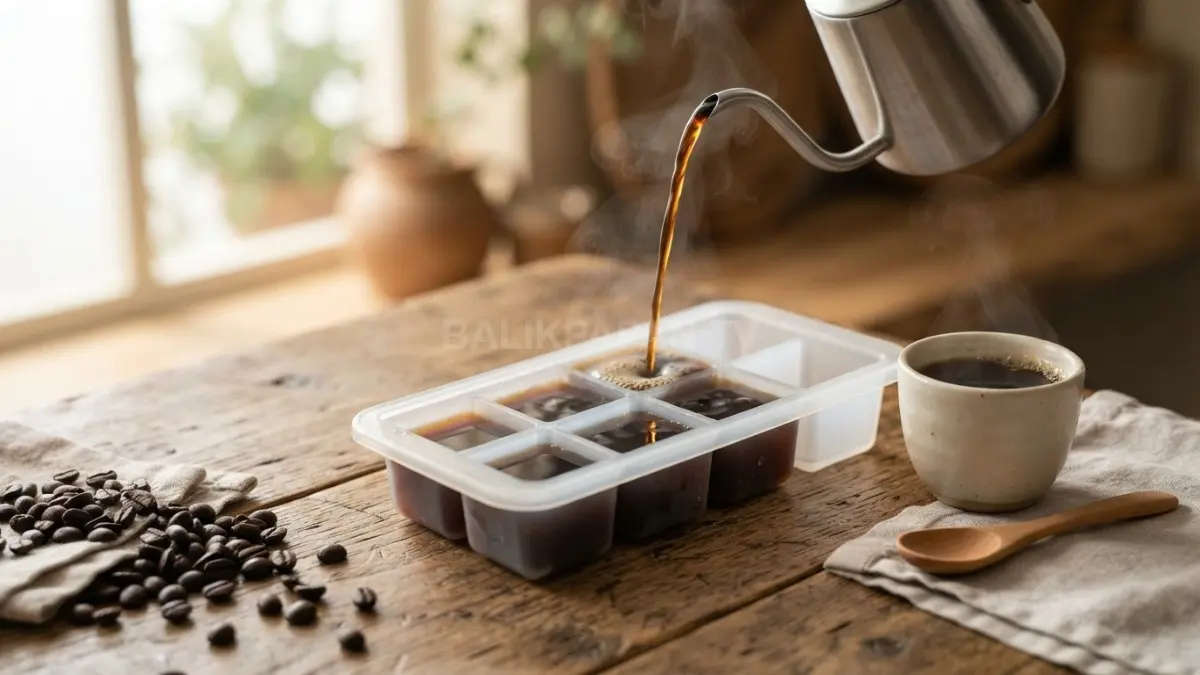 Air seduhan kopi murni tanpa gula yang dibekukan membantu nutrisi terserap perlahan ke media tanam. (BTV/Ai)
