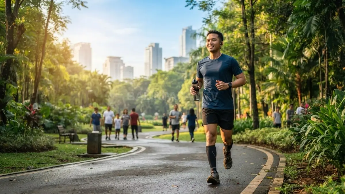 Seseorang menikmati udara pagi dengan jogging santai di taman sambil membawa botol minum sebagai bagian dari gaya hidup sehat. Kebiasaan sederhana ini membantu menjaga kebugaran tubuh, meningkatkan stamina, dan membuat pikiran lebih segar untuk memulai aktivitas sehari-hari. (BTV/AI)