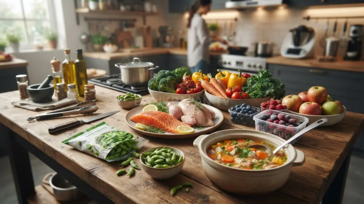 Aneka sayuran, buah, ikan, ayam, edamame, dan sup beku sebagai pilihan bahan makanan bergizi.