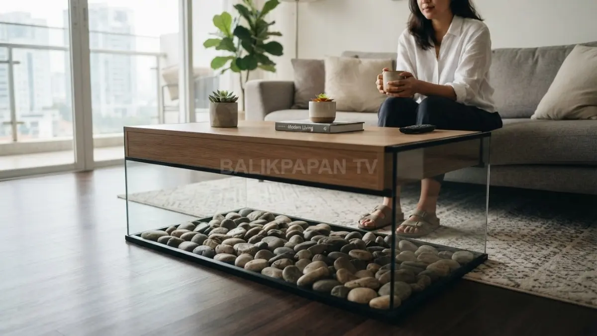 Area bawah meja kopi dihiasi batu sungai berpadu bingkai kaca, menghadirkan dekorasi alami tanpa mengganggu aktivitas penghuni. (BTV/AI)
