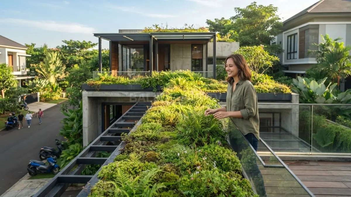 Atap hijau berpadu lumut membantu menjaga kelembapan alami sekaligus memperkuat estetika rumah berkelanjutan modern harmonis. (BTV/AI)
