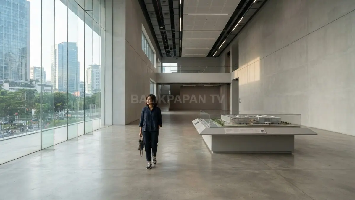 Bangunan minimalis dengan dinding polos, langit-langit tinggi, dan ruang kosong sebagai elemen utama desain. (BTV/AI)