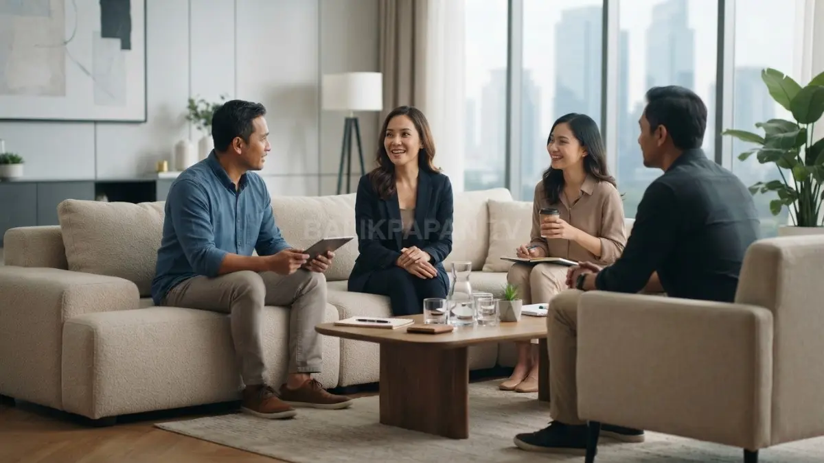 Bersantai bersama tamu di sofa beige minimalis, pilihan tepat untuk ruang tamu yang elegan dan nyaman (BTV/AI).
