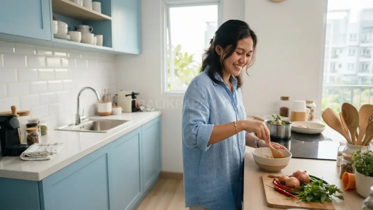 Biru muda dan putih menghadirkan suasana dapur yang bersih, segar, nyaman, modern, serta terasa lebih luas. (BTV.AI)