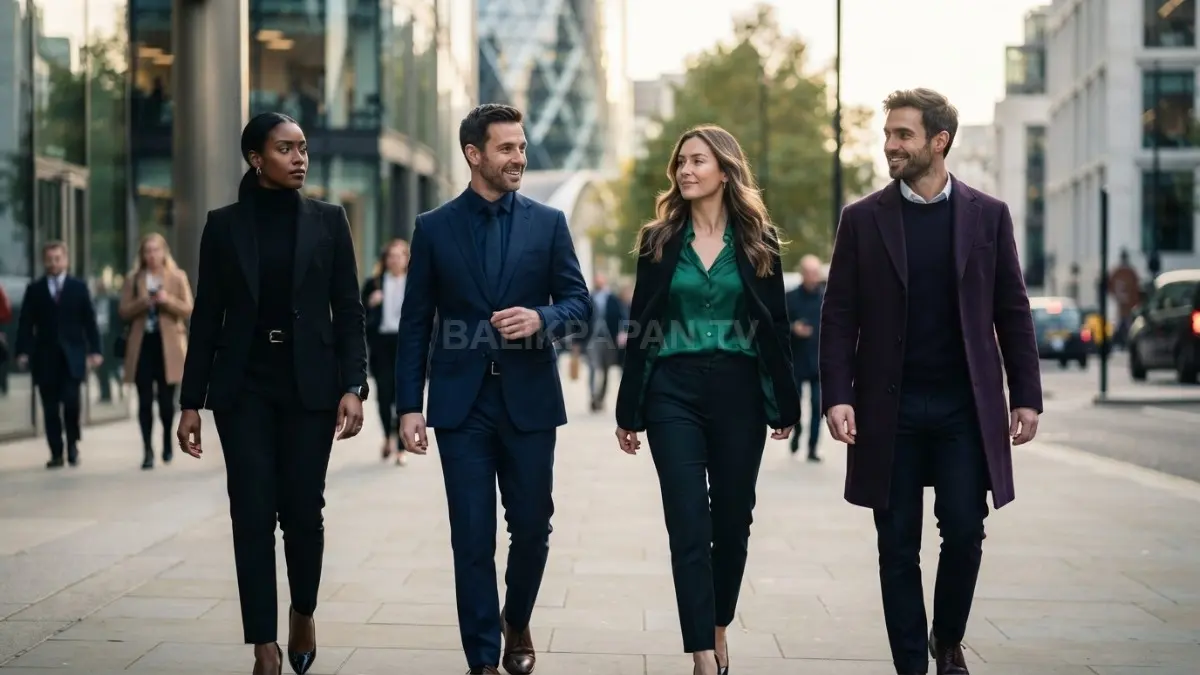 Buatkan Gambar Ilustrasi pilihan outfit hitam, biru, hijau, dan ungu yang merepresentasikan karakter psikologi warna. (BTV/AI)