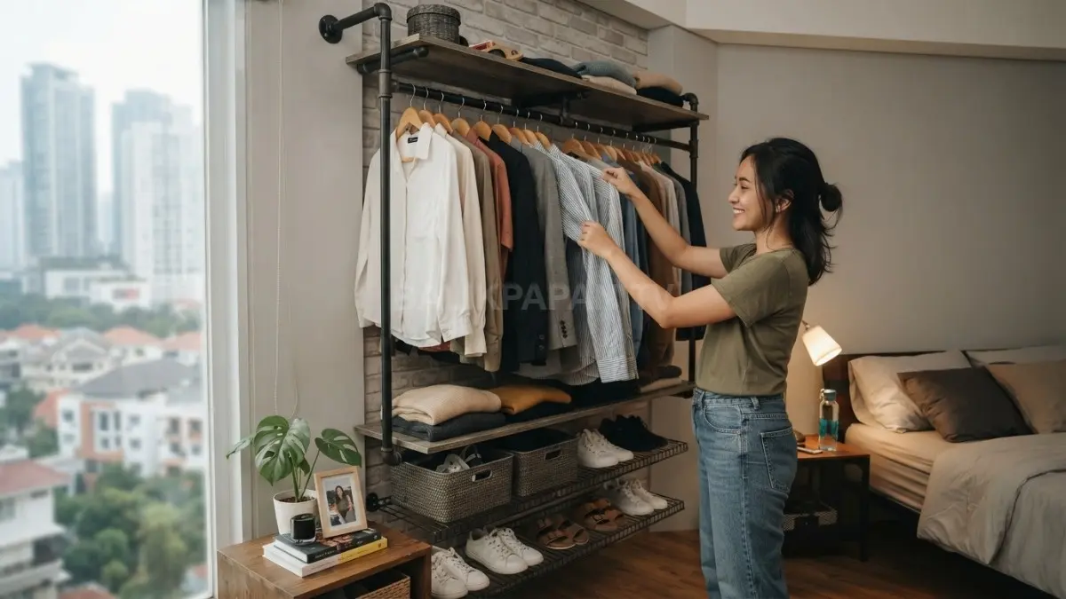 Bye lemari bulky!  Saatnya beralih ke open closet yang hemat ruang, modern, dan bikin koleksi pakaian lebih rapi (BTV/AI).
