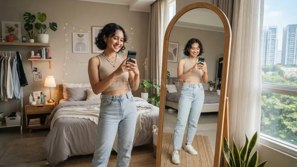 Cermin besar bukan hanya pelengkap kamar, tapi juga spot favorit untuk mengabadikan OOTD dengan hasil yang lebih estetik (BTV/AI).