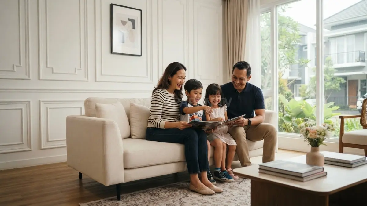 Dekorasi panel moulding putih menghadirkan ruang tamu ala Eropa modern yang elegan, hangat, dan cocok untuk momen kebersamaan keluarga.(BTV/AI).