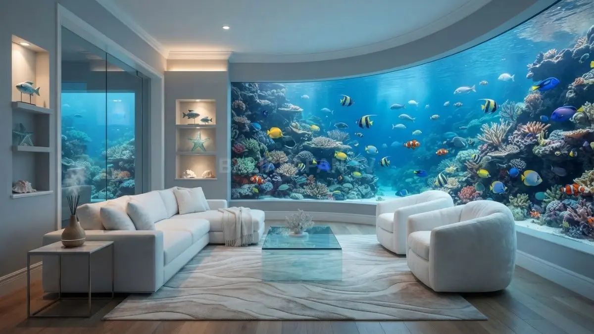 Dekorasi rumah ala akuarium raksasa menghadirkan pengalaman visual imersif dengan nuansa bawah laut memikat. (BTV/AI)