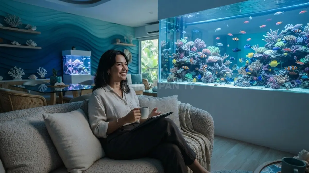 Dekorasi rumah bernuansa bawah laut menghadirkan atmosfer samudra dengan warna biru, cahaya lembut, dan elemen laut (BTV/AI)
