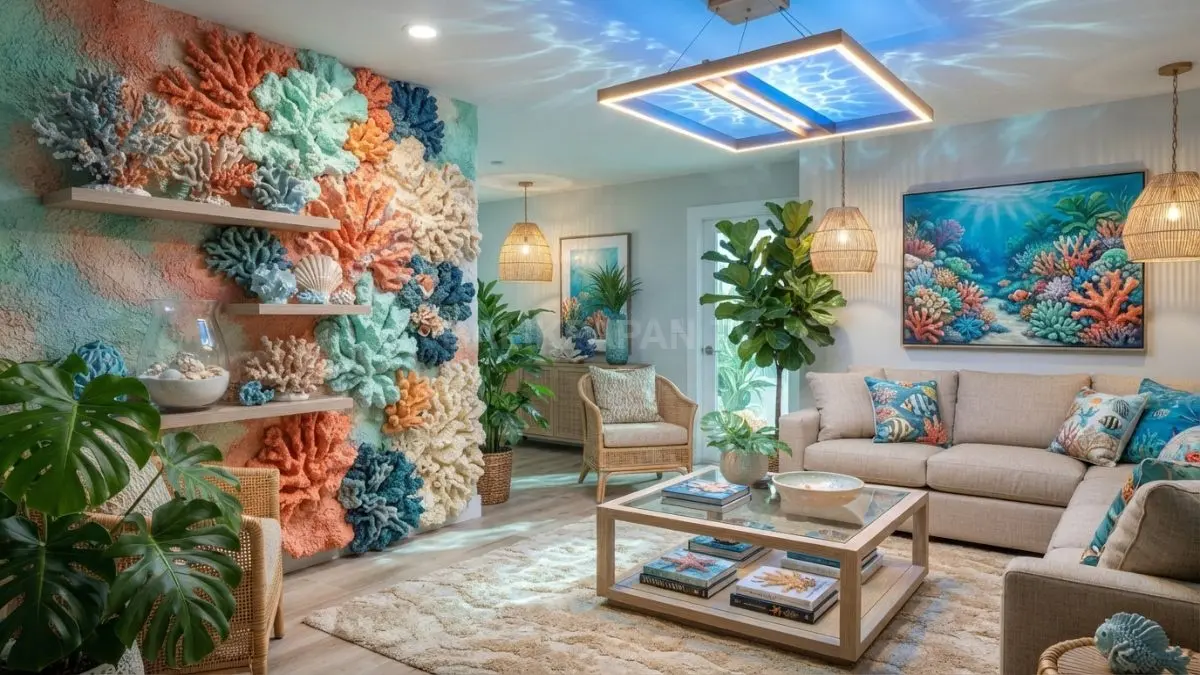 Dekorasi rumah bernuansa terumbu karang tropis dengan warna laut, coral, dan elemen bawah samudra estetik (BTV/AI)

