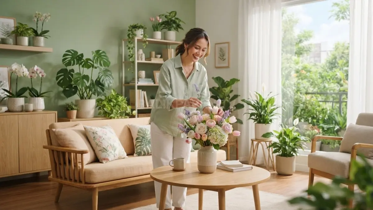 Dekorasi rumah musim semi menghadirkan nuansa segar dengan tanaman hijau dan warna pastel penuh kehidupan (BTV/AI)
