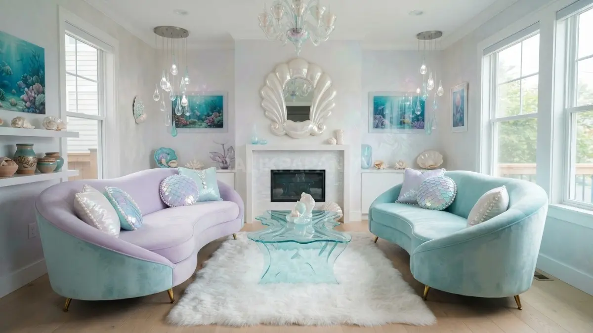 Dekorasi rumah putri duyung bernuansa pastel, mutiara, dan laut menciptakan ruang romantis estetik. (BTV/AI)
