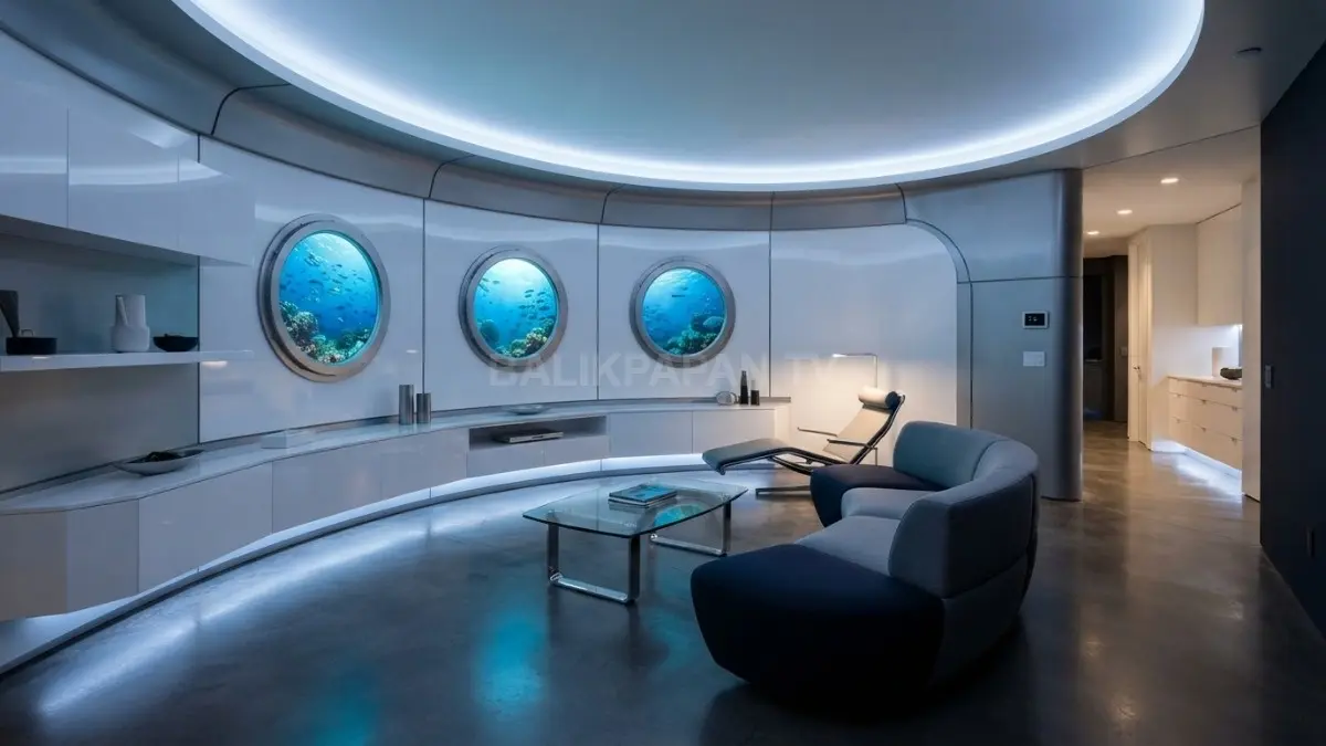 Desain rumah kapal selam modern menghadirkan estetika bawah laut melalui detail porthole dan pencahayaan cerdas. (BTV/AI)