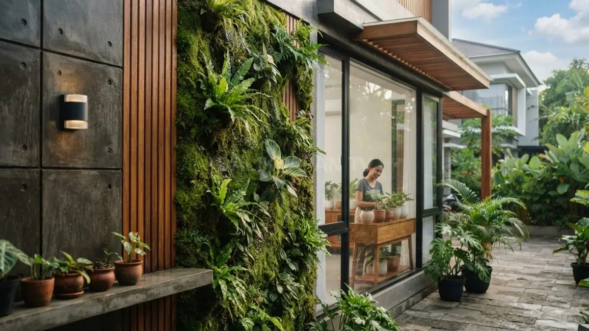 Detail dinding rumah berkonsep biophilic dengan lumut hidup sebagai elemen desain ramah lingkungan. (BTV/AI)