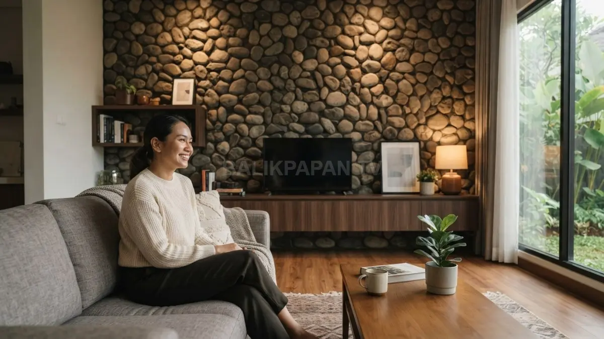 Dinding aksen batu sungai menghadirkan tekstur alami, menciptakan titik fokus elegan dan suasana hangat pada ruang tamu. (BTV/AI)