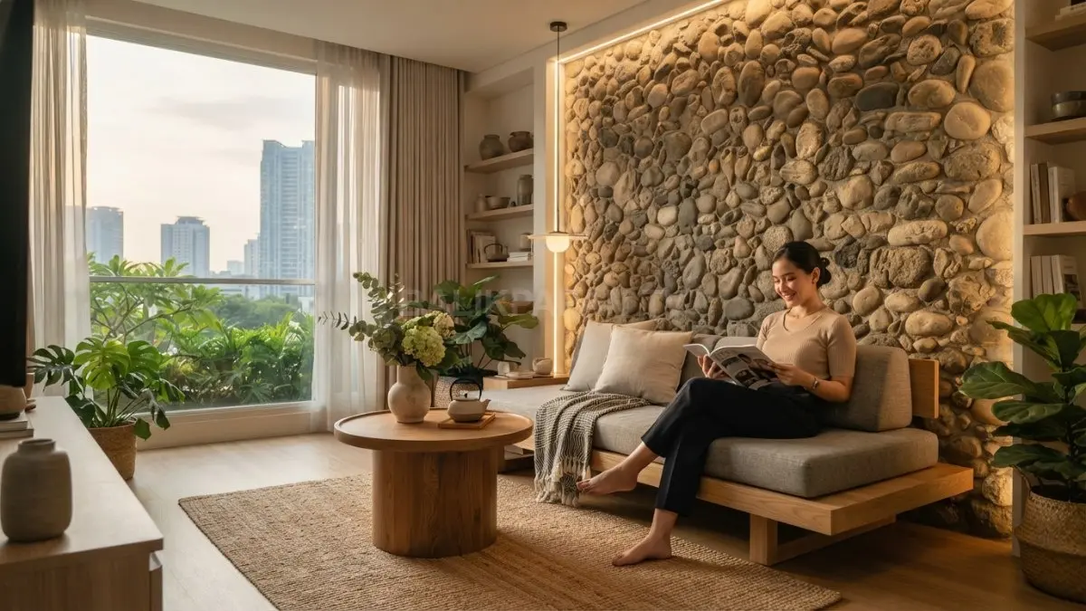 Dinding aksen batu sungai menjadi titik fokus interior bergaya Japandi dengan pencahayaan hangat yang elegan. (BTV/AI)