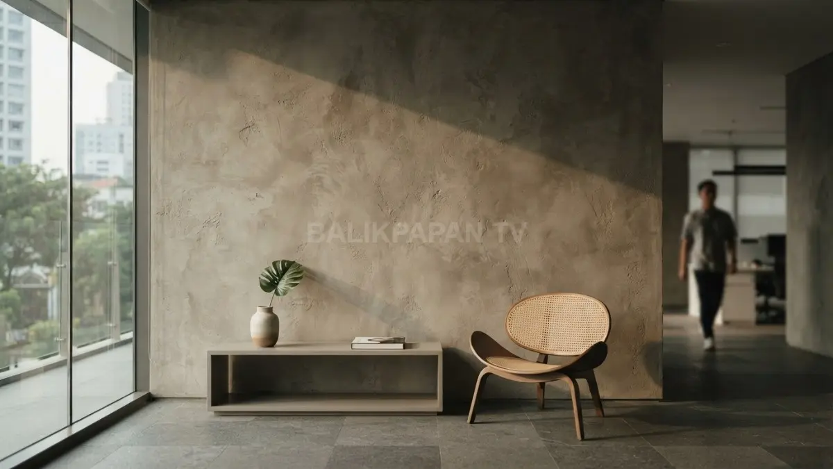Dinding polos menonjolkan tekstur material dan permainan cahaya, menciptakan kesan elegan sederhana berkarakter dalam ruangan. (BTV/AI)
