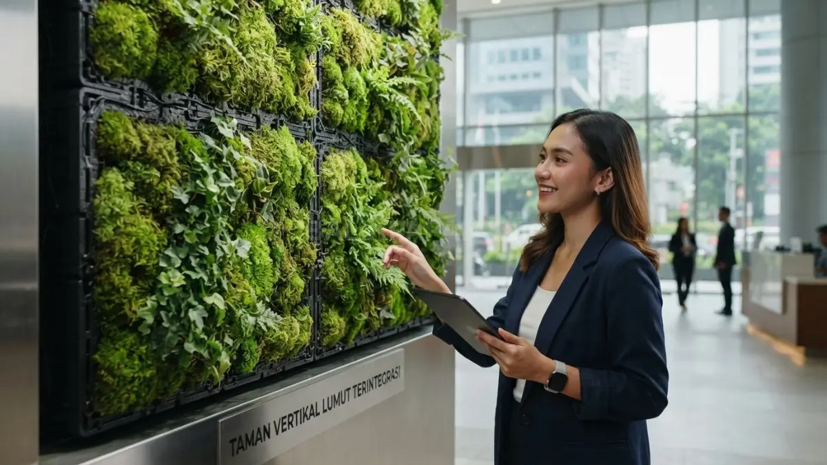 Dinding taman vertikal berbasis lumut menggunakan panel khusus menjaga kelembapan sehingga pertumbuhan lumut merata alami. (BTV/AI)