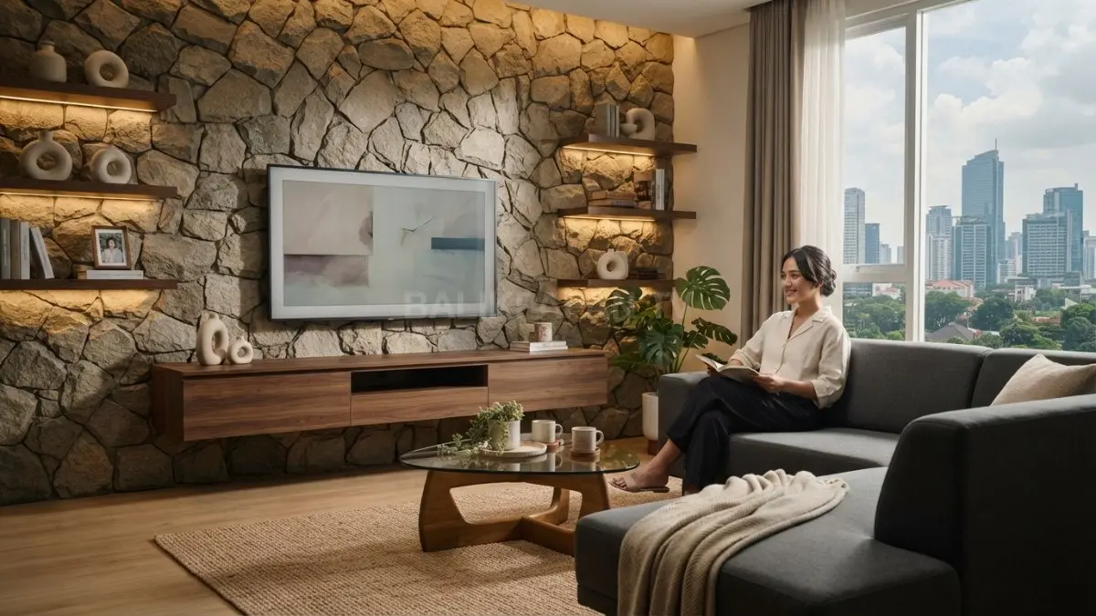 Dinding TV berlapis batu sungai menghadirkan tekstur alami, memperkuat karakter interior dan kesan elegan modern ruangan. (BTV/AI)
