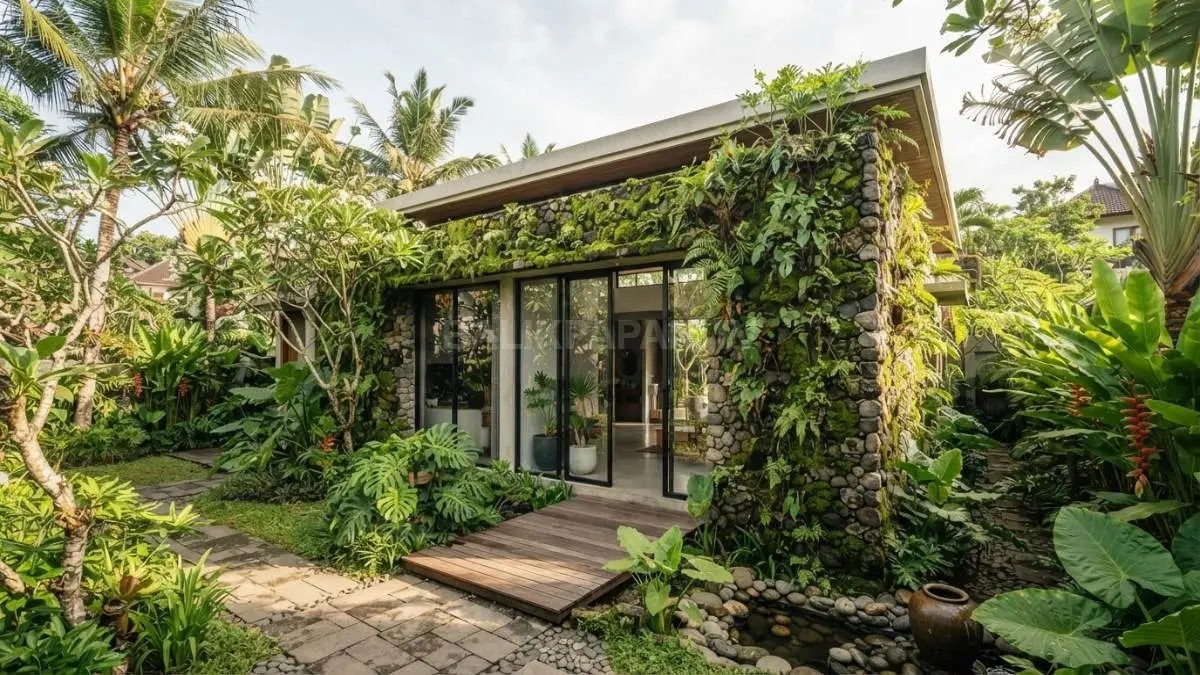 Fasad rumah modern dengan dinding batu alami yang ditumbuhi lumut hijau rapi di tengah taman tropis. (BTV/AI)