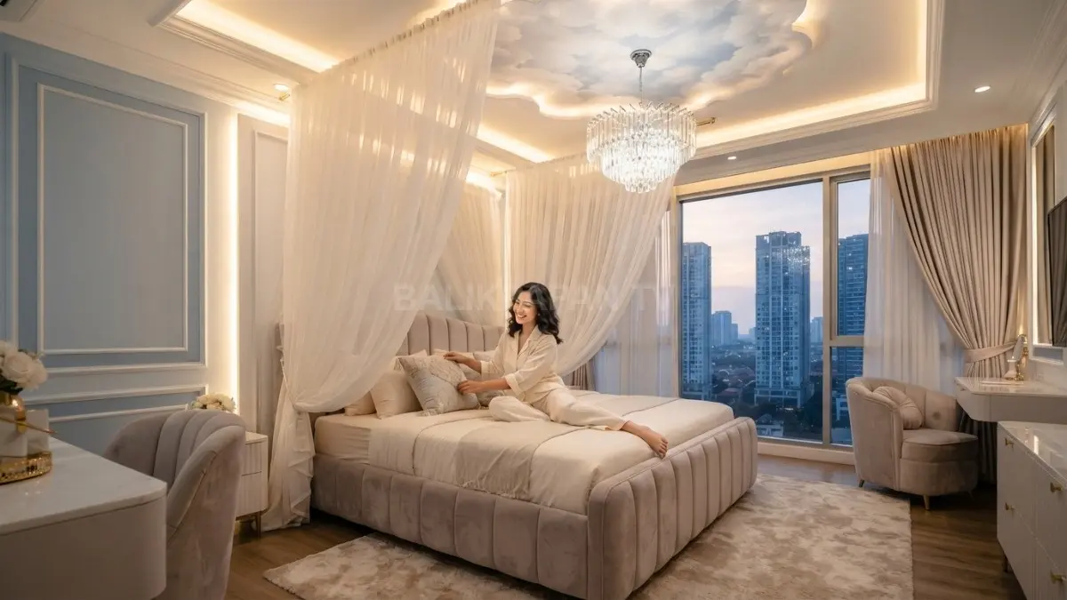 Furnitur premium dan dekorasi eksklusif meningkatkan kemewahan kamar kerajaan langit sekaligus menambah total biaya renovasi. (BTV/AI)