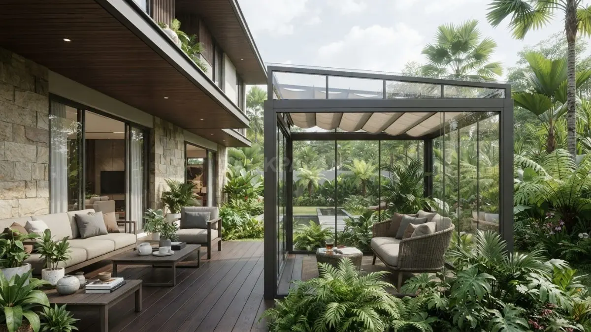 Gazebo beratap kaca dengan sunshade menjaga cahaya alami tetap nyaman sambil mengurangi panas berlebih efektif. (BTV/AI)
