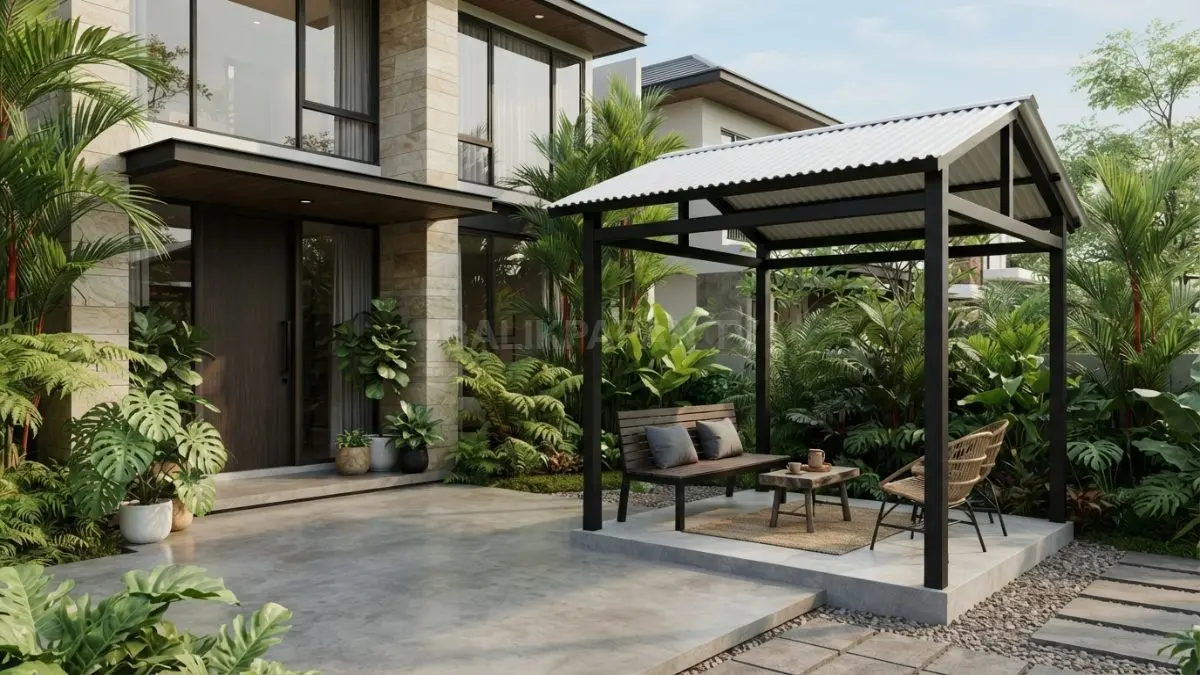 Gazebo besi hollow beratap Alderon menghadirkan desain industrial modern, kokoh, sederhana, dan mudah dirawat untuk teras rumah. (BTV/AI)
