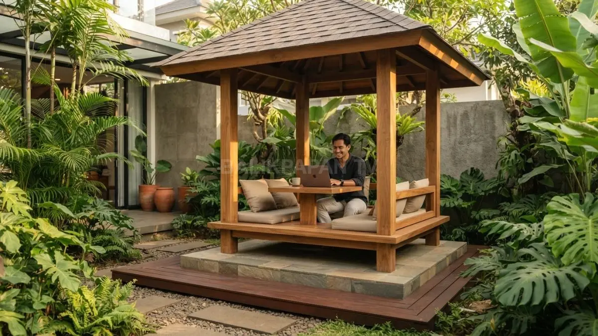 Gazebo kayu kelapa minimalis menghadirkan nuansa alami hangat untuk teras modern yang nyaman elegan sederhana (BTV/AI)
