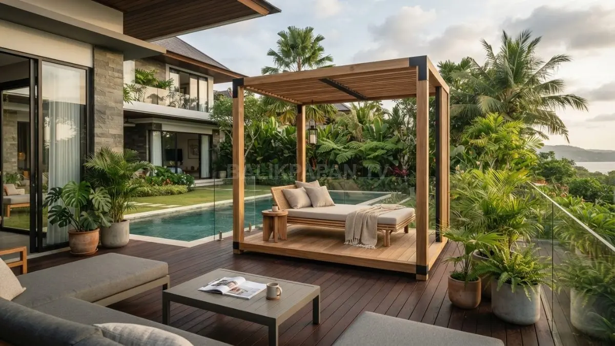 Gazebo mini berbahan kayu dengan desain minimalis ditempatkan pada teras rumah modern bergaya tropis. (BTV/AI)