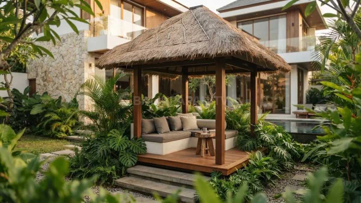 Gazebo mini bergaya modern dengan rangka sederhana, atap tropis, dan area duduk nyaman di depan rumah. (BTV/AI)