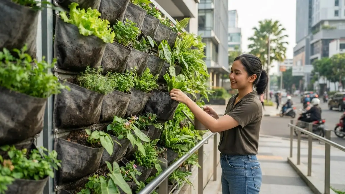 Geotextile menjadi solusi taman vertikal yang ringan, tahan lama, dan mampu menjaga kelembapan tanaman dengan optimal (BTV/AI).