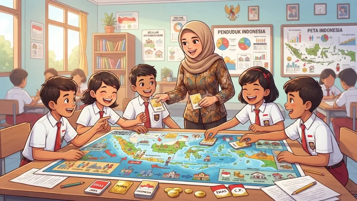 Guru dan siswa memainkan Paper Emas sebagai media pembelajaran kependudukan yang menyenangkan di sekolah. (BTV/AI)