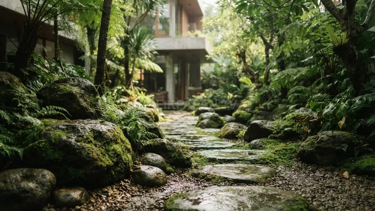 Halaman teduh dengan batu berlumut bergaya Zen menghadirkan suasana tenang alami tanpa banyak ornamen dekoratif. (BTV/AI)
