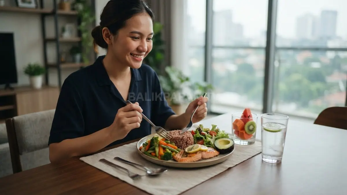 Menu makanan sehat yang terdiri dari sayur segar, aneka buah, sumber protein, dan air putih menjadi pilihan tepat untuk memenuhi kebutuhan nutrisi harian. Kombinasi gizi seimbang ini membantu menjaga energi, meningkatkan daya tahan tubuh, serta mendukung pola hidup sehat yang lebih optimal. (BTV/AI)