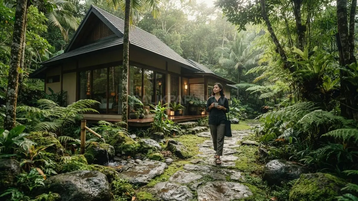 Hunian bergaya Jepang dengan jalur batu berlumut, pepohonan rindang, dan suasana alami yang menenangkan. (BTV/AI)