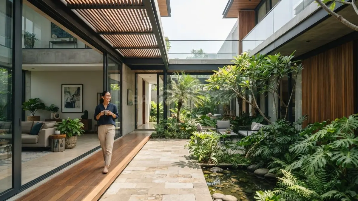 Hunian premium bergaya modern menampilkan courtyard terbuka yang menghadirkan cahaya alami dan suasana tenang. (BTV/AI)