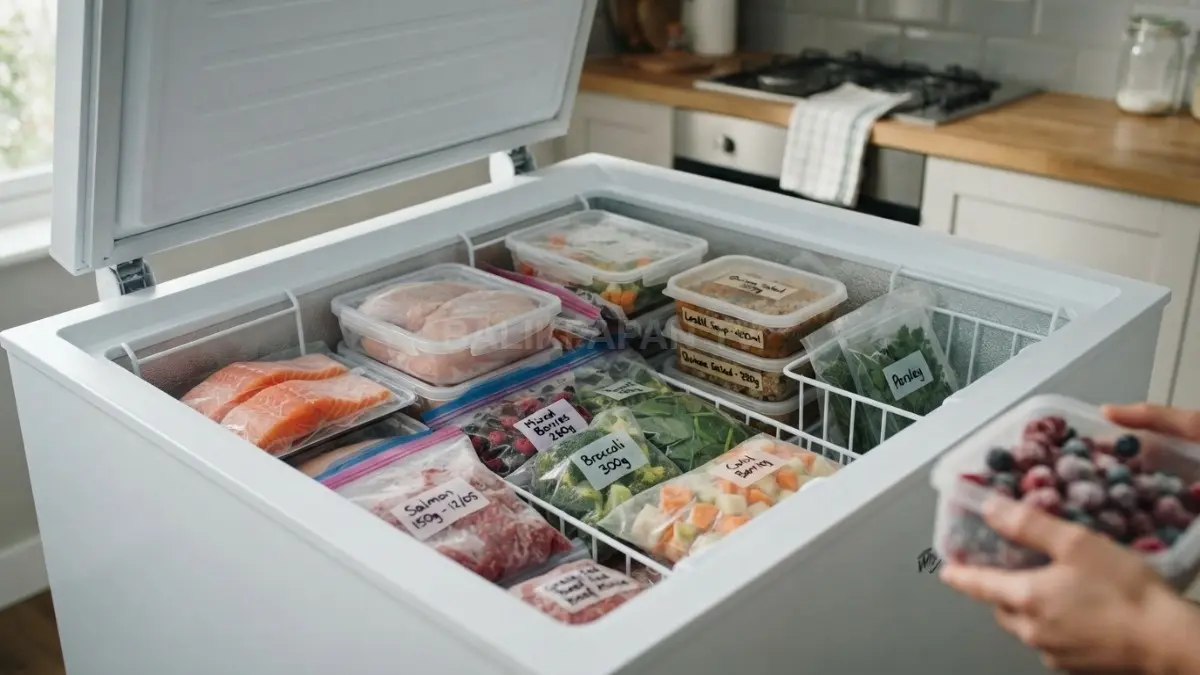 Ilustrasi freezer berisi bahan makanan beku yang dipilih berdasarkan komposisi dan kebutuhan gizi.