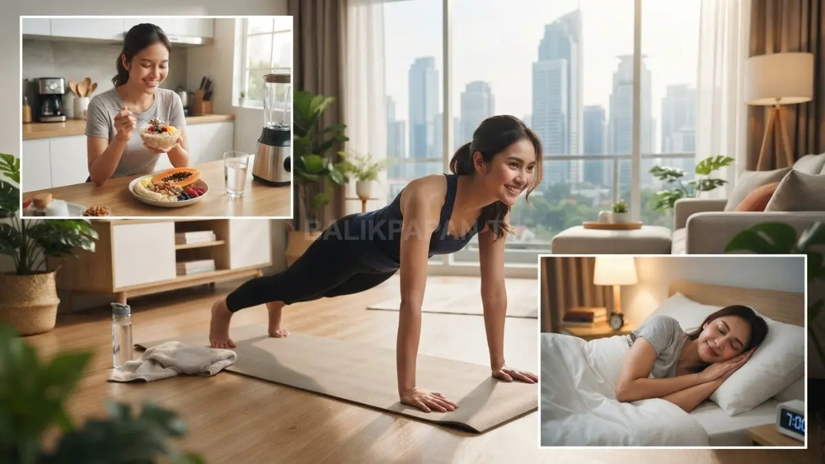 Ilustrasi gaya hidup sehat yang menampilkan aktivitas olahraga, waktu tidur yang cukup, serta pola makan bergizi seimbang sebagai kebiasaan sederhana untuk menjaga kesehatan tubuh dan meningkatkan kualitas hidup sehari-hari. (BTV/AI)