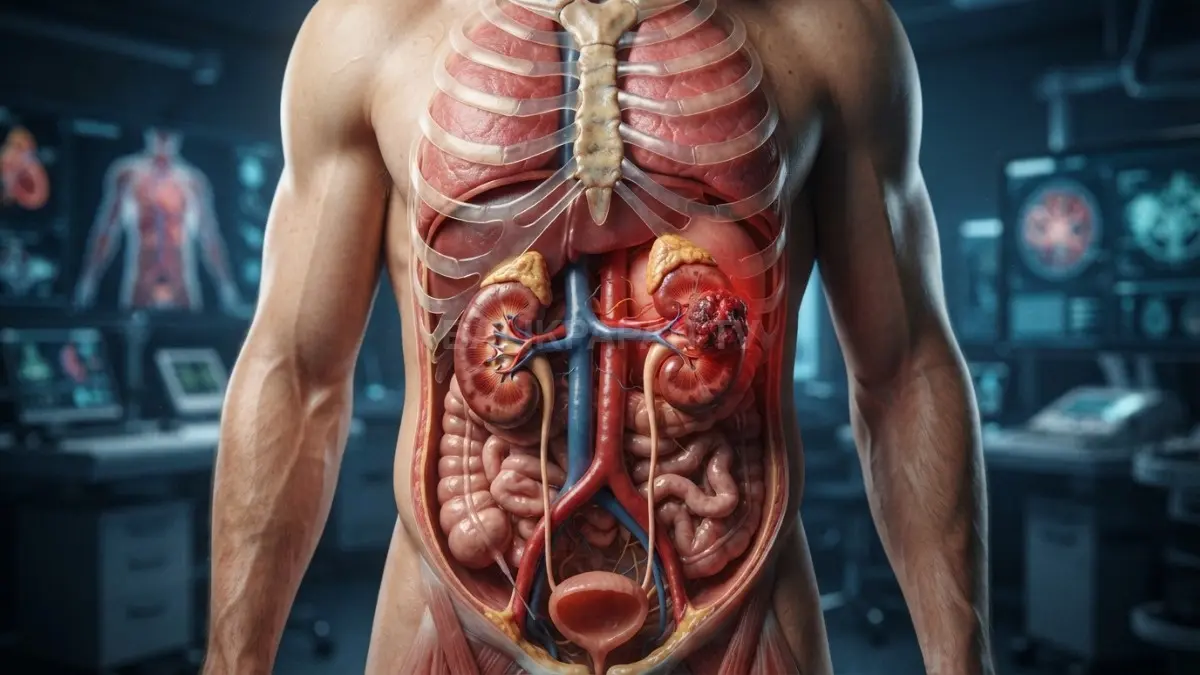 Ilustrasi medis yang menunjukkan posisi ginjal dalam tubuh dan kaitannya dengan kanker ginjal.