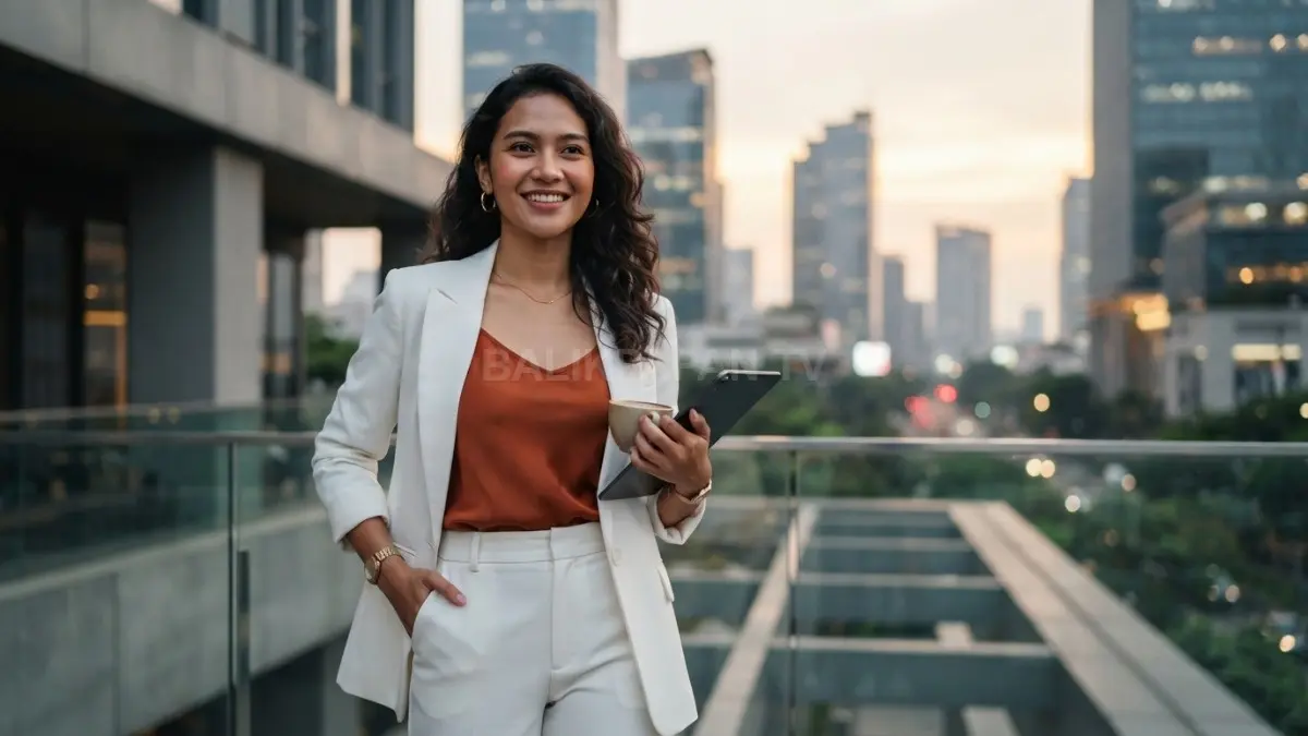 Ilustrasi pakaian putih dan oranye dengan suasana modern yang menggambarkan ekspresi diri dan kepercayaan diri. (BTV/AI)