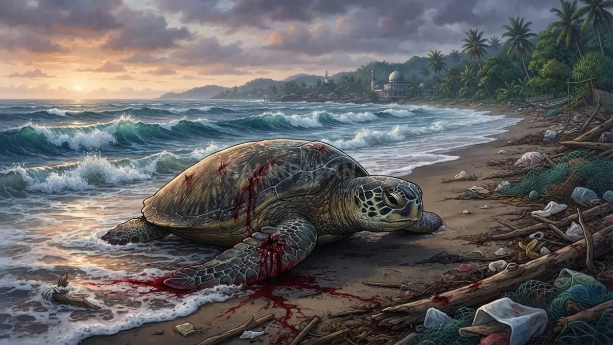 Ilustrasi penyu betina ditemukan mati di pantai dengan bercak darah segar usai diduga diburu pelaku. (BTV/AI)